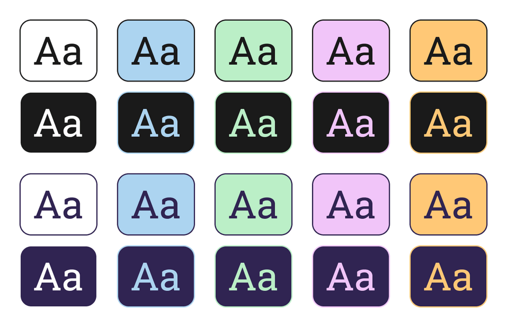 Muestra de todas las combinaciones de colores con los colores de la paleta modificada, con colores tranquilos y menos saturados.